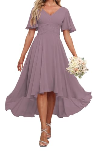 HPPEE Damen High Low Chiffon Brautjungfernkleider für Hochzeit mit Ärmeln Plissee Langes formelles Abendkleid, Wisteria, 58 Plus von HPPEE