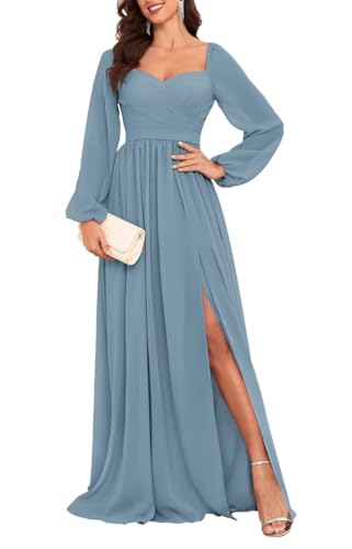 HPPEE Damen Langarm Brautjungfernkleider für Hochzeit Plissee A Linie Chiffon formelles Kleid mit Schlitz, dusty blue, 44 von HPPEE