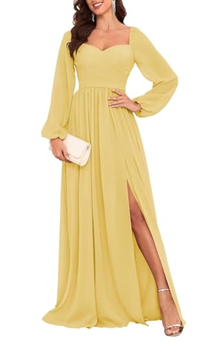 HPPEE Damen Langarm Brautjungfernkleider für Hochzeit Plissee A Linie Chiffon formelles Kleid mit Schlitz, gelb, 48 von HPPEE