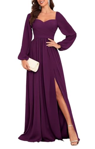 HPPEE Damen Langarm Brautjungfernkleider für Hochzeit Plissee A Linie Chiffon formelles Kleid mit Schlitz, pflaume, 50 Plus von HPPEE