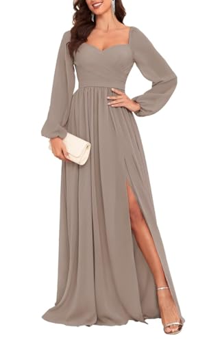 HPPEE Damen Langarm Brautjungfernkleider für Hochzeit Plissee A Linie Chiffon formelles Kleid mit Schlitz, taupe, 44 von HPPEE