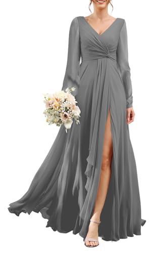 HPPEE Damen Langarm Brautjungfernkleider mit Schlitz Gerafft Chiffon Lange Hochzeit Gäste Kleid, grau, 44 von HPPEE