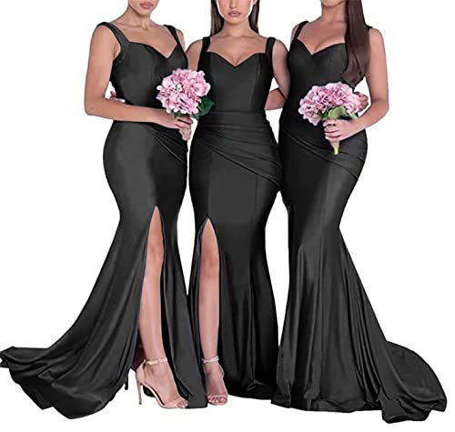 HPPEE Damen Meerjungfrau Brautjungfernkleider Elegant Lang Bodycon Meerjungfrau Ballkleider für Hochzeit mit Schlitz, Schwarz , 44 von HPPEE
