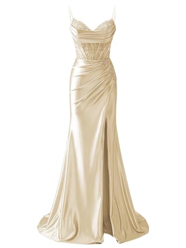 HPPEE Damen Satin-Abschlussballkleider mit Schlitz-Spitzenapplikation, V-Ausschnitt, Spaghettiträger, formelles Abendkleid, champagnerfarben, 38 von HPPEE
