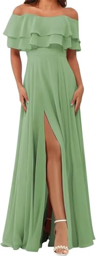 HPPEE Damen Schulterfrei Chiffon Brautjungfernkleider mit Schlitz Rüschen A Linie Langes formelles Abendkleid, salbeigrün, 48 von HPPEE
