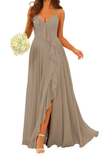 HPPEE Damen Spaghettiträger Chiffon Brautjungfernkleider mit Schlitz gerüscht ärmellos langes formelles Kleid, taupe, 38 von HPPEE