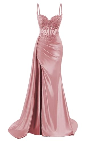 HPPEE Damen Spaghettiträger Satin Ballkleider mit Schlitz Spitze Applique Meerjungfrau formelle Partykleid, Dusty Rose, 40 von HPPEE