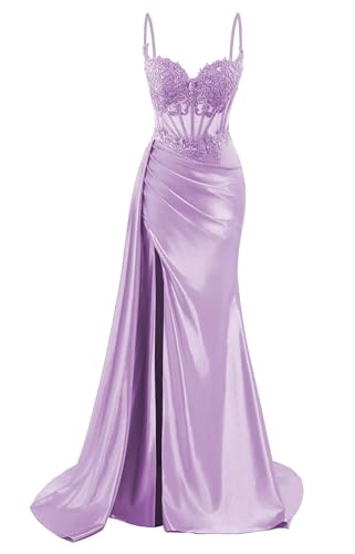 HPPEE Damen Spaghettiträger Satin Ballkleider mit Schlitz Spitze Applique Meerjungfrau formelle Partykleid, Flieder, 34 von HPPEE