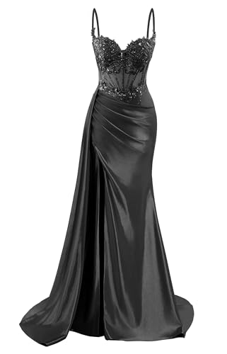 HPPEE Damen Spaghettiträger Satin Ballkleider mit Schlitz Spitze Applique Meerjungfrau formelle Partykleid, Schwarz , 40 von HPPEE