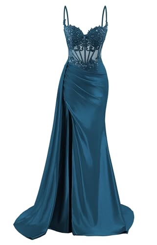 HPPEE Damen Spaghettiträger Satin Ballkleider mit Schlitz Spitze Applique Meerjungfrau formelle Partykleid, blaugrün, 32 von HPPEE