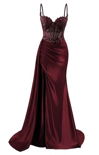 HPPEE Damen Spaghettiträger Satin Ballkleider mit Schlitz Spitze Applique Meerjungfrau formelle Partykleid, burgunderfarben, 32 von HPPEE