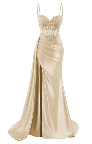 HPPEE Damen Spaghettiträger Satin Ballkleider mit Schlitz Spitze Applique Meerjungfrau formelle Partykleid, champagnerfarben, 32 von HPPEE