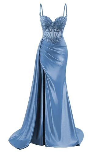 HPPEE Damen Spaghettiträger Satin Ballkleider mit Schlitz Spitze Applique Meerjungfrau formelle Partykleid, dusty blue, 32 von HPPEE