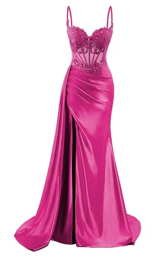 HPPEE Damen Spaghettiträger Satin Ballkleider mit Schlitz Spitze Applique Meerjungfrau formelle Partykleid, fuchsia, 38 HPPEE Damen Spaghettiträger Satin Ballkleider mit Schlitz Spitze Applique Meerjungfrau formelle Partykleid, fuchsia, 38 von HPPEE