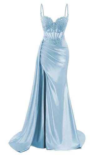 HPPEE Damen Spaghettiträger Satin Ballkleider mit Schlitz Spitze Applique Meerjungfrau formelle Partykleid, hellblau, 38 von HPPEE