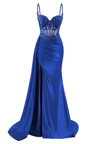 HPPEE Damen Spaghettiträger Satin Ballkleider mit Schlitz Spitze Applique Meerjungfrau formelle Partykleid, königsblau, 40 von HPPEE