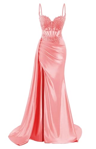 HPPEE Damen Spaghettiträger Satin Ballkleider mit Schlitz Spitze Applique Meerjungfrau formelle Partykleid, korallenrot, 34 von HPPEE
