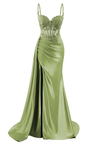 HPPEE Damen Spaghettiträger Satin Ballkleider mit Schlitz Spitze Applique Meerjungfrau formelle Partykleid, olivgrün, 38 von HPPEE