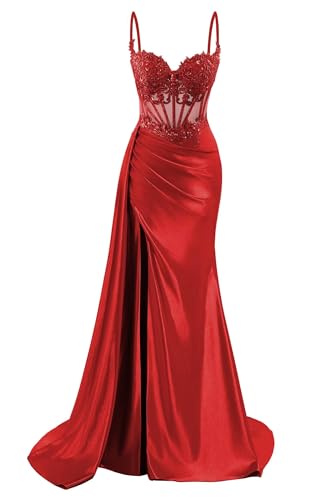 HPPEE Damen Spaghettiträger Satin Ballkleider mit Schlitz Spitze Applique Meerjungfrau formelle Partykleid, rot, 32 von HPPEE