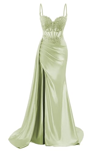 HPPEE Damen Spaghettiträger Satin Ballkleider mit Schlitz Spitze Applique Meerjungfrau formelle Partykleid, salbeigrün, 42 von HPPEE