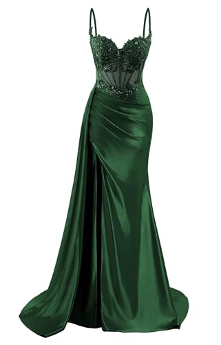 HPPEE Damen Spaghettiträger Satin Ballkleider mit Schlitz Spitze Applique Meerjungfrau formelle Partykleid, smaragdgrün, 38 von HPPEE