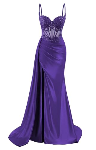 HPPEE Damen Spaghettiträger Satin Ballkleider mit Schlitz Spitze Applique Meerjungfrau formelle Partykleid, violett, 54 Plus von HPPEE