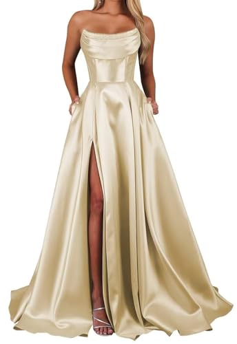 HPPEE Damen Trägerloses Satin-Abschlussballkleid mit Schlitz, plissierten Taschen, A-Linie, Ballkleid, formelles Abendkleid, champagnerfarben, 38 von HPPEE