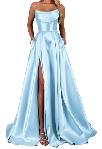 HPPEE Damen Trägerloses Satin-Abschlussballkleid mit Schlitz, plissierten Taschen, A-Linie, Ballkleid, formelles Abendkleid, hellblau, 38 von HPPEE