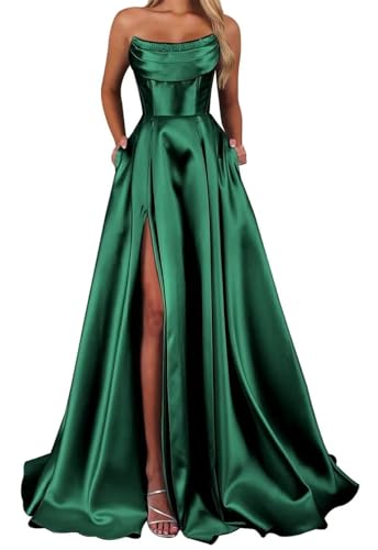 HPPEE Damen Trägerloses Satin-Abschlussballkleid mit Schlitz, plissierten Taschen, A-Linie, Ballkleid, formelles Abendkleid, smaragdgrün, 38 von HPPEE