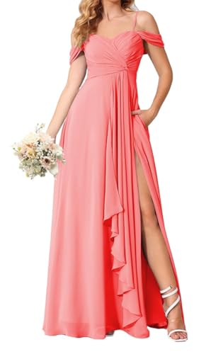 HPPEE Damen V-Ausschnitt Chiffon Brautjungfernkleider für Frauen mit Schlitz Plissee langes formelles Kleid mit Taschen, korallenrot, 44 von HPPEE