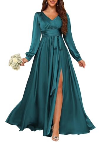 HPPEE Damen V-Ausschnitt Satin Brautjungfernkleider mit Ärmeln Langes formelles Abendkleid mit Schlitz, blaugrün, 52 Plus von HPPEE