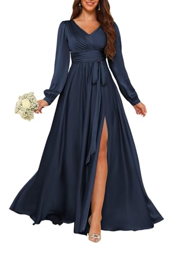 HPPEE Damen V-Ausschnitt Satin Brautjungfernkleider mit Ärmeln Langes formelles Abendkleid mit Schlitz, marineblau, 58 Plus von HPPEE