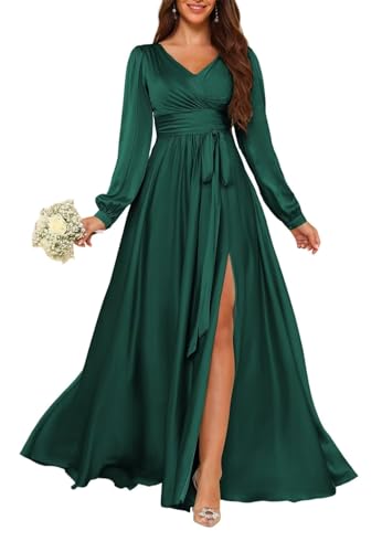 HPPEE Damen V-Ausschnitt Satin Brautjungfernkleider mit Ärmeln Langes formelles Abendkleid mit Schlitz, pfau, 56 Plus von HPPEE