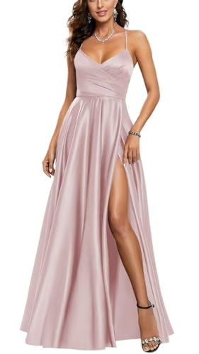 HPPEE Damen V-Ausschnitt Satin Brautjungfernkleider mit Schlitz Plissee Spaghettiträger Ballkleid Lang Ballkleid, Blush Pink, 34 von HPPEE