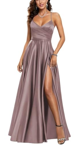 HPPEE Damen V-Ausschnitt Satin Brautjungfernkleider mit Schlitz Plissee Spaghettiträger Ballkleid Lang Ballkleid, Wisteria, 48 von HPPEE