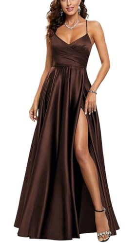 HPPEE Damen V-Ausschnitt Satin Brautjungfernkleider mit Schlitz Plissee Spaghettiträger Ballkleid Lang Ballkleid, braun, 32 von HPPEE