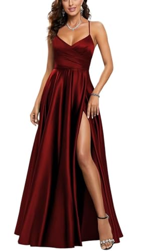 HPPEE Damen V-Ausschnitt Satin Brautjungfernkleider mit Schlitz Plissee Spaghettiträger Ballkleid Lang Ballkleid, burgunderfarben, 44 von HPPEE