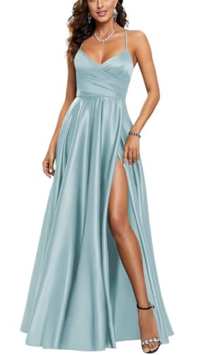 HPPEE Damen V-Ausschnitt Satin Brautjungfernkleider mit Schlitz Plissee Spaghettiträger Ballkleid Lang Ballkleid, hellblau, 44 von HPPEE