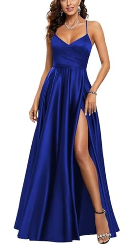 HPPEE Damen V-Ausschnitt Satin Brautjungfernkleider mit Schlitz Plissee Spaghettiträger Ballkleid Lang Ballkleid, königsblau, 32 von HPPEE