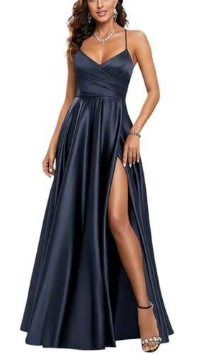HPPEE Damen V-Ausschnitt Satin Brautjungfernkleider mit Schlitz Plissee Spaghettiträger Ballkleid Lang Ballkleid, marineblau, 50 Plus von HPPEE