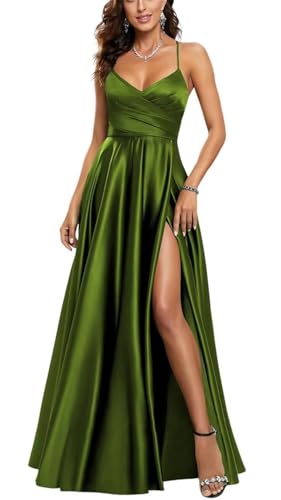 HPPEE Damen V-Ausschnitt Satin Brautjungfernkleider mit Schlitz Plissee Spaghettiträger Ballkleid Lang Ballkleid, olivgrün, 40 von HPPEE