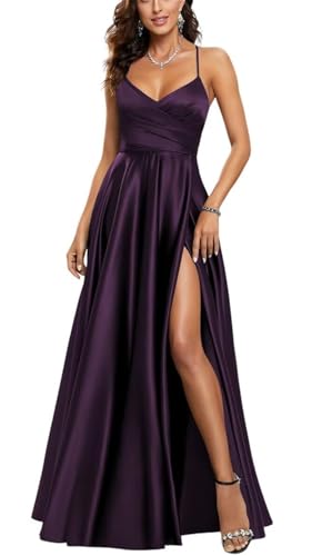 HPPEE Damen V-Ausschnitt Satin Brautjungfernkleider mit Schlitz Plissee Spaghettiträger Ballkleid Lang Ballkleid, pflaume, 34 von HPPEE
