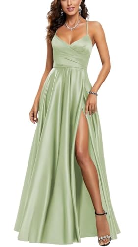 HPPEE Damen V-Ausschnitt Satin Brautjungfernkleider mit Schlitz Plissee Spaghettiträger Ballkleid Lang Ballkleid, salbeigrün, 38 von HPPEE