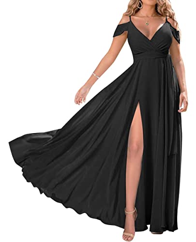 HPPEE Formelles Abendkleid mit Schlitz für Frauen, schulterfrei, tiefer V-Ausschnitt, Brautjungfernkleid, Schwarz , 38 von HPPEE