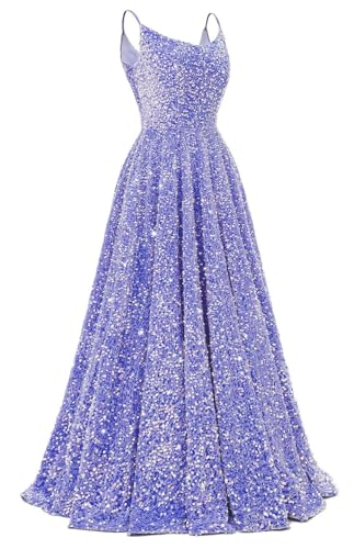 HPPEE Glitzernde Pailletten-Abschlussballkleider für Teenager mit Taschen, langes Spaghettiträgerkleid, formelles Kleid, Partykleid, lavendel, 40 von HPPEE