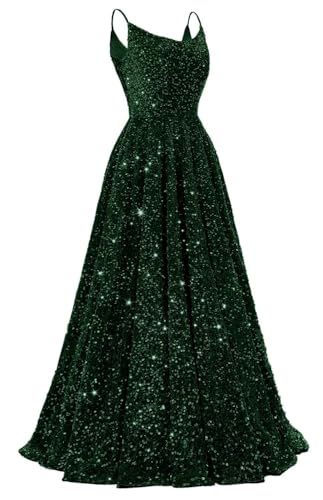 HPPEE Glitzernde Pailletten-Abschlussballkleider für Teenager mit Taschen, langes Spaghettiträgerkleid, formelles Kleid, Partykleid, smaragdgrün, 48 Plus von HPPEE