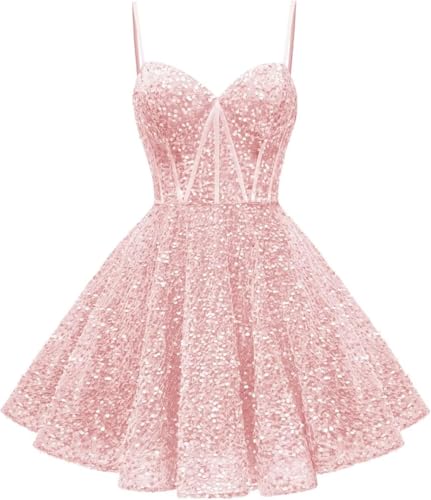 HPPEE Glitzernde Pailletten-Heimkehrkleider, kurzes Ballkleid, A-Linie, Korsett, Cocktail-Partykleid, Blush Pink, 40 von HPPEE