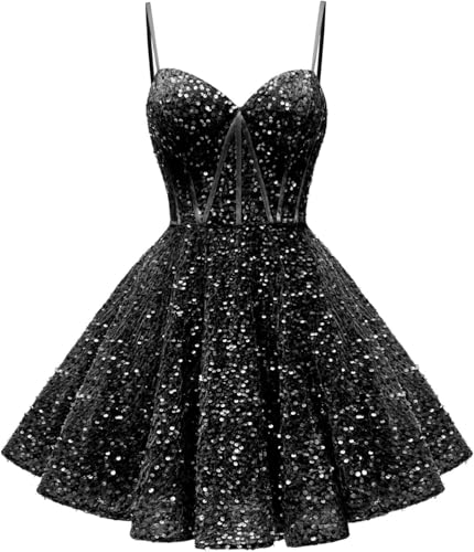 HPPEE Glitzernde Pailletten-Heimkehrkleider, kurzes Ballkleid, A-Linie, Korsett, Cocktail-Partykleid, Schwarz , 38 von HPPEE