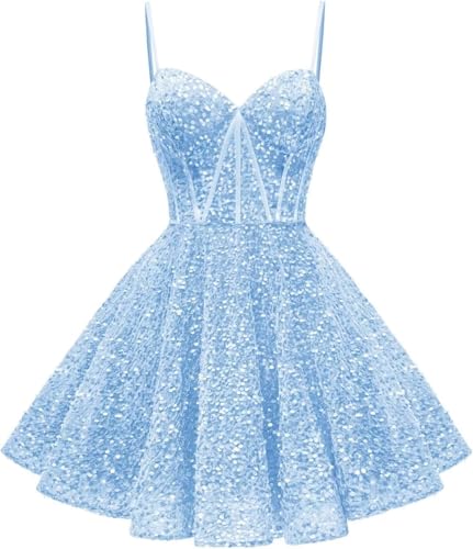 HPPEE Glitzernde Pailletten-Heimkehrkleider, kurzes Ballkleid, A-Linie, Korsett, Cocktail-Partykleid, hellblau, 32 von HPPEE