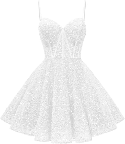 HPPEE Glitzernde Pailletten-Heimkehrkleider, kurzes Ballkleid, A-Linie, Korsett, Cocktail-Partykleid, weiß, 32 von HPPEE